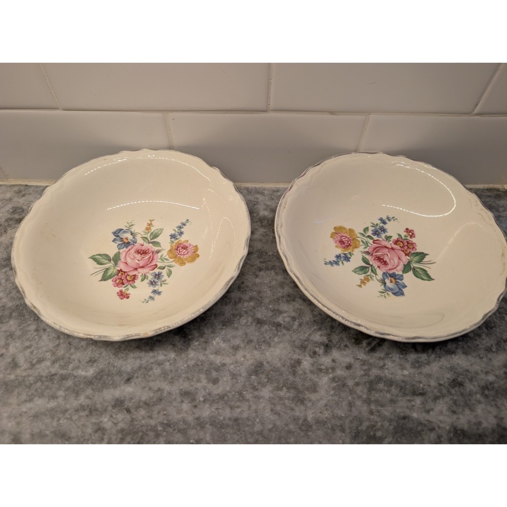 Scio Pottery 1940's Hazel Bowl Set Floral Silver Trim 6 1/2"